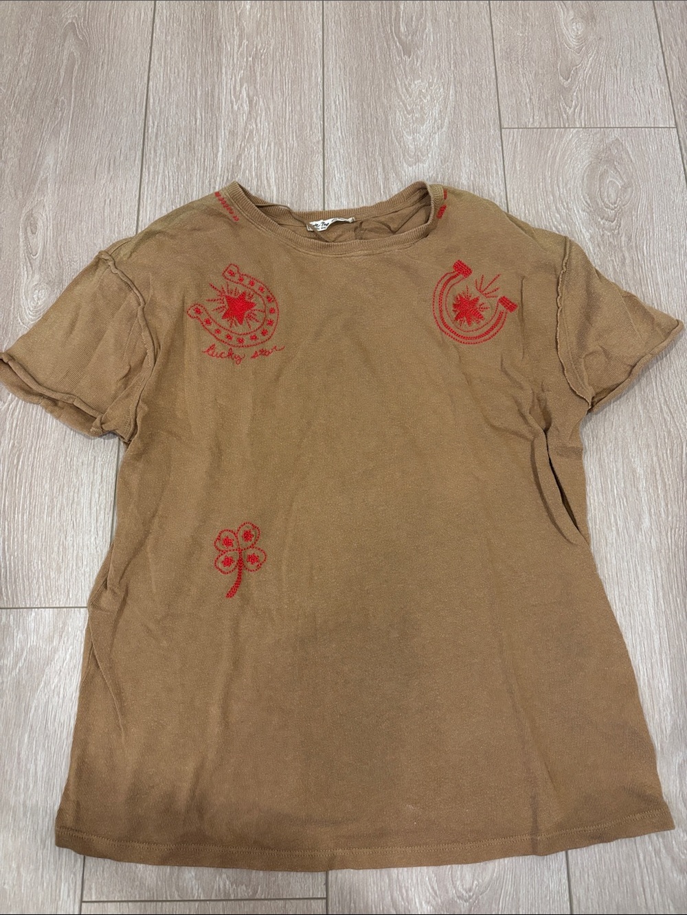 Free People Brown Short-Sleeve Tee with Red Graphic Accents